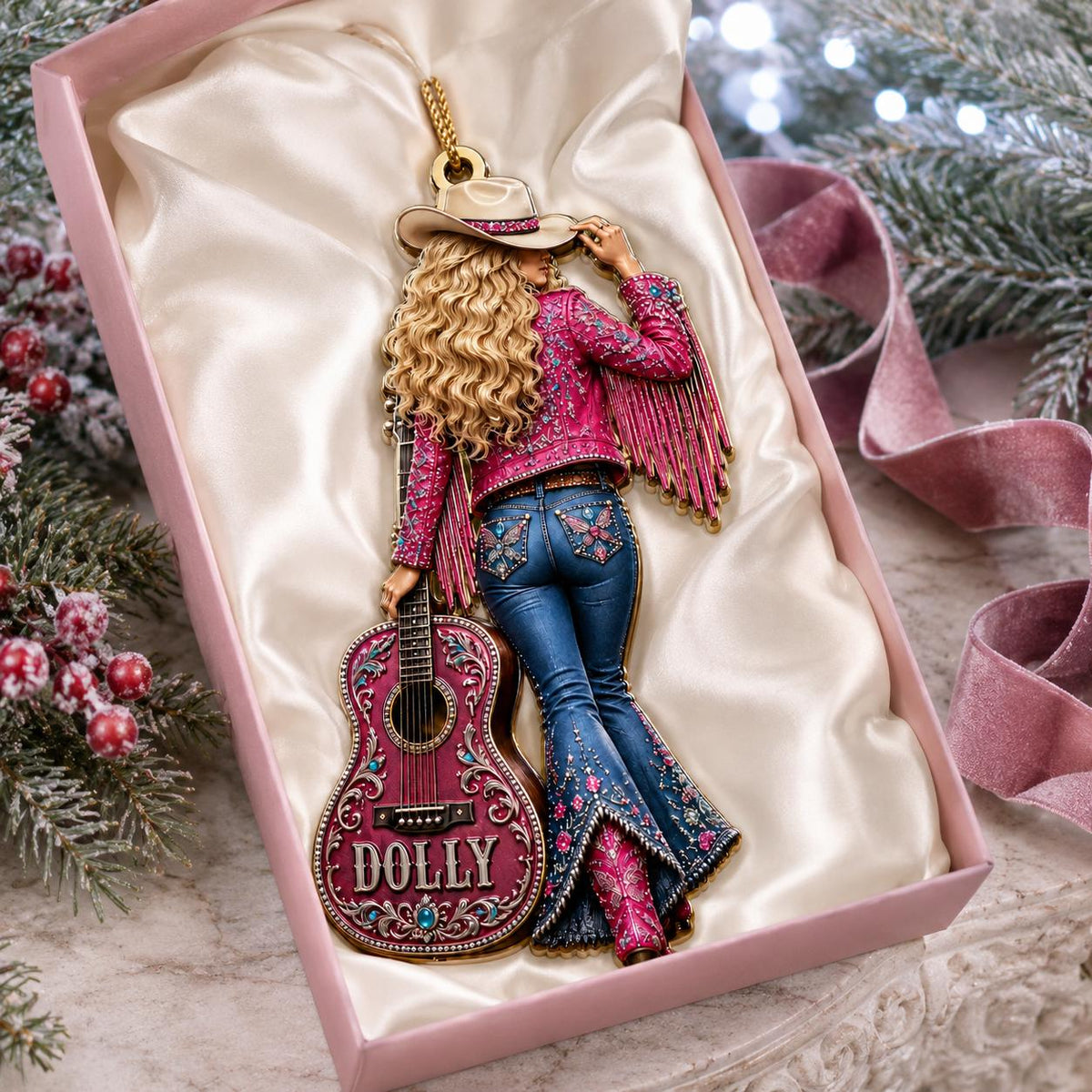Dolly Parton Ornament Have a Holly Dolly Christmas Cowgirl Guitar Holiday Tree Decor Gift for Countr on a hanger, ready to ship from Austin, Texas