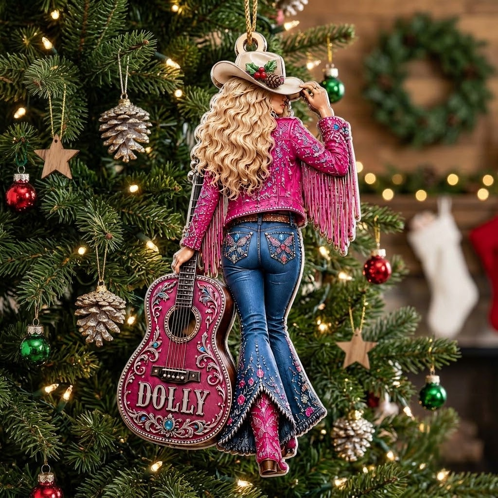 Customer in Austin, Texas wearing Dolly Parton Ornament Have a Holly Dolly Christmas Cowgirl Guitar Holiday Tree Decor Gift for Countr