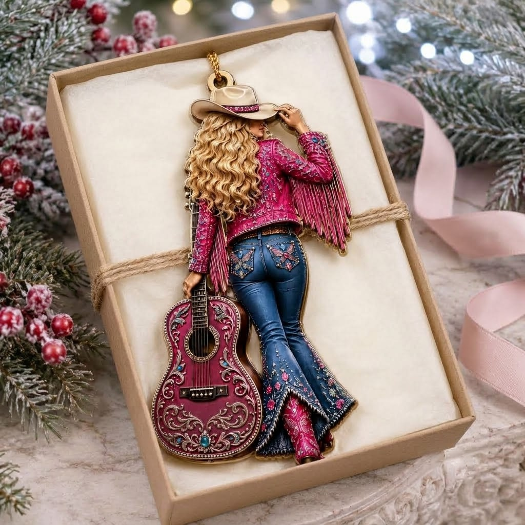 Close-up of Dolly Parton Ornament Have a Holly Dolly Christmas Cowgirl Guitar Holiday Tree Decor Gift for Countr for streetwear fans in Austin, Texas