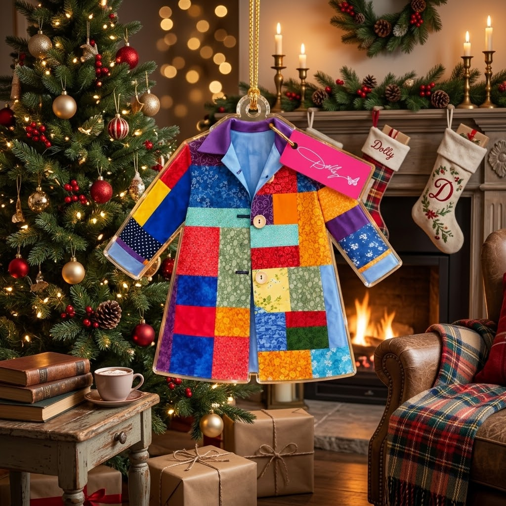 Dolly Parton Patchwork Coat Acrylic Christmas Ornament Personalized Country Music Fan Gift on a hanger, ready to ship from Austin, Texas