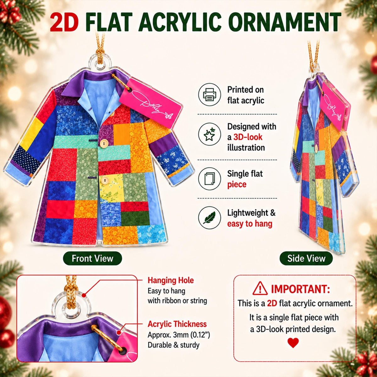 Customer in Austin, Texas wearing Dolly Parton Patchwork Coat Acrylic Christmas Ornament Personalized Country Music Fan Gift