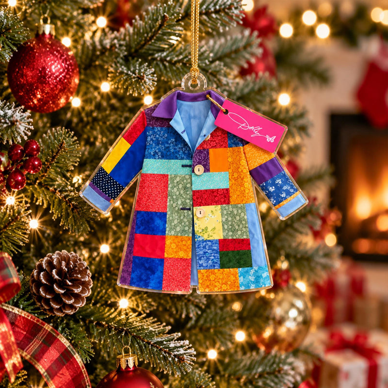 Dolly Parton Patchwork Coat Acrylic Christmas Ornament Personalized Country Music Fan Gift available at our Austin, Texas warehouse