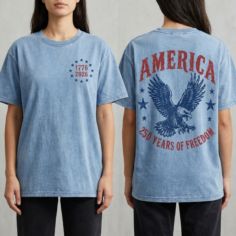 Bojjico Vintage Americana America 250 Years of Freedom Graphic Tee T-Shirt for Women Casual Beige Cotton Oversized Top American Eagle 250th Anniversary 1776 to 2026 Patriotic Western Fourth of July Summer Shirt