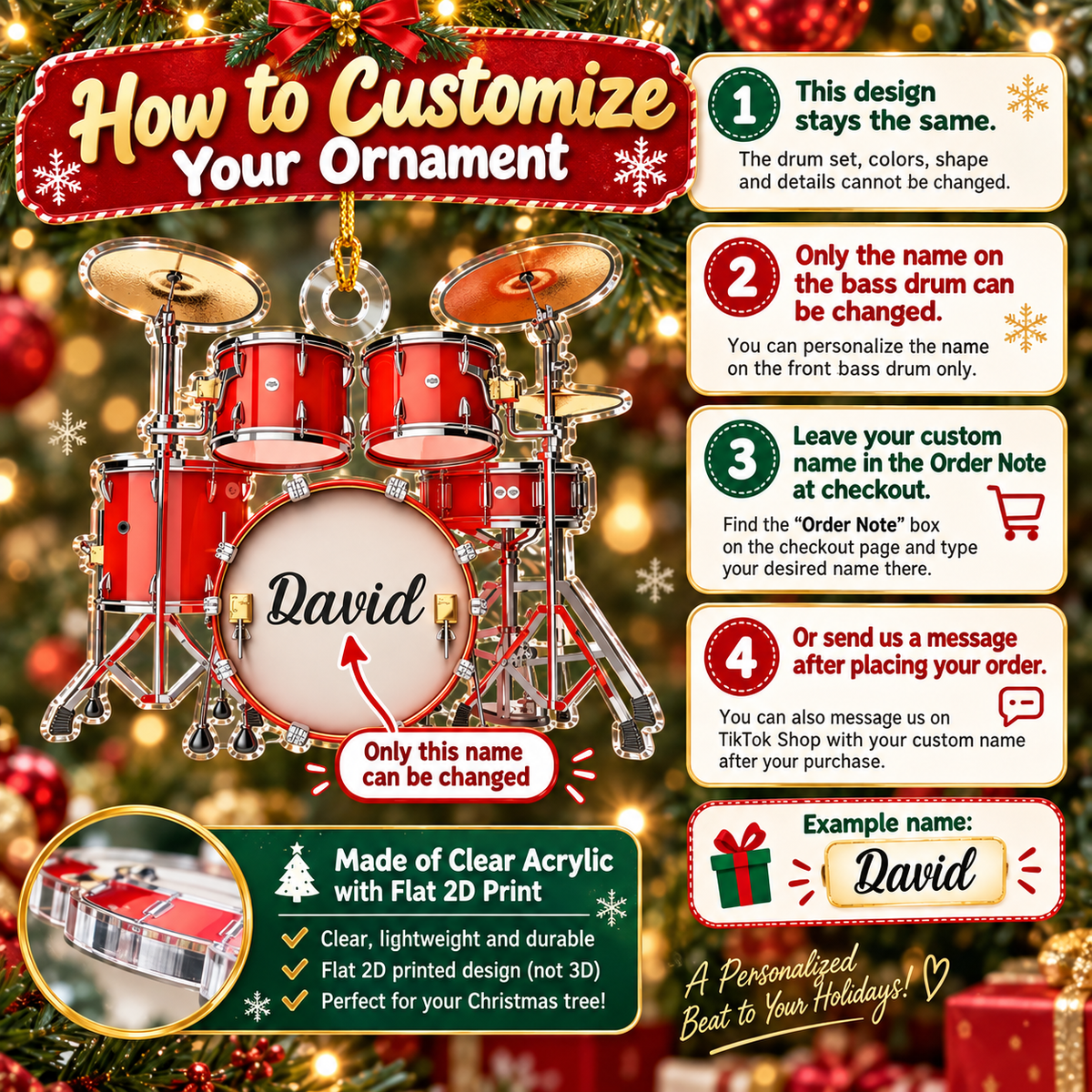 How to customize guide for the drum set Christmas ornament, highlighting the name on the bass drum head for a musician