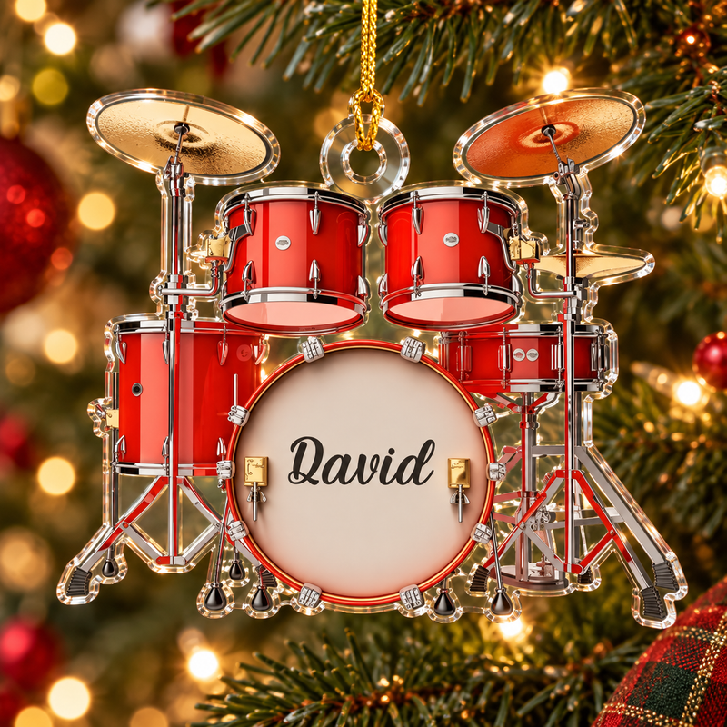Drum Set Christmas Ornament Personalized Custom Name Acrylic Holiday Gift for Musicians available at our Austin, Texas warehouse