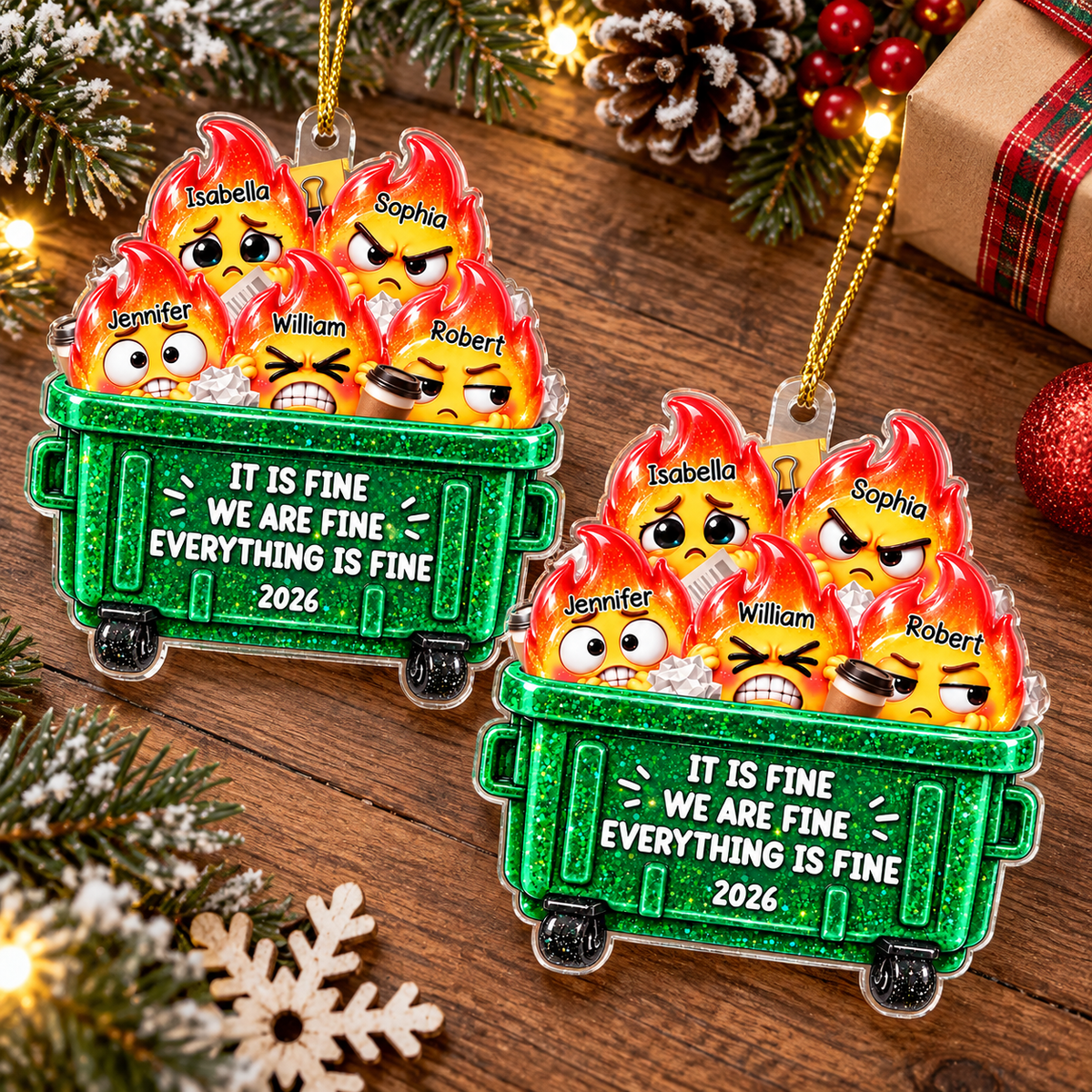 Personalized Dumpster Fire Family Ornament Custom Names Funny Christmas Gift - product view 3