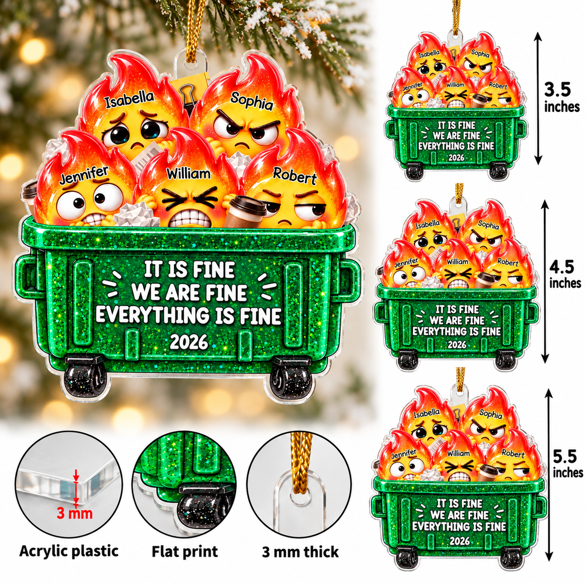 Personalized Dumpster Fire Family Ornament Custom Names Funny Christmas Gift - size and material details