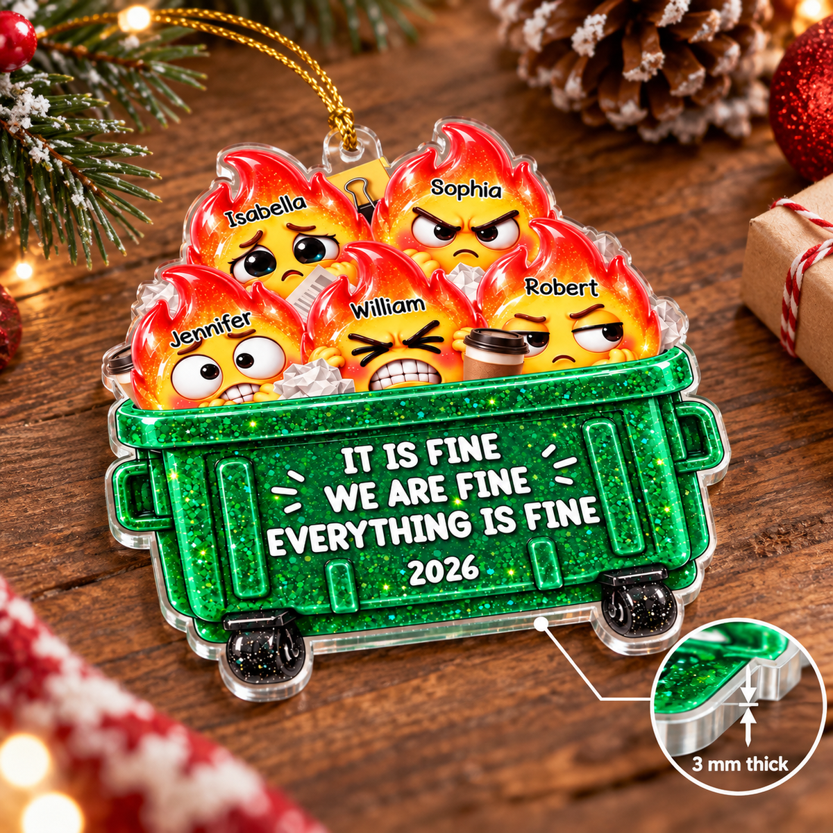 Personalized Dumpster Fire Family Ornament Custom Names Funny Christmas Gift - size and material details