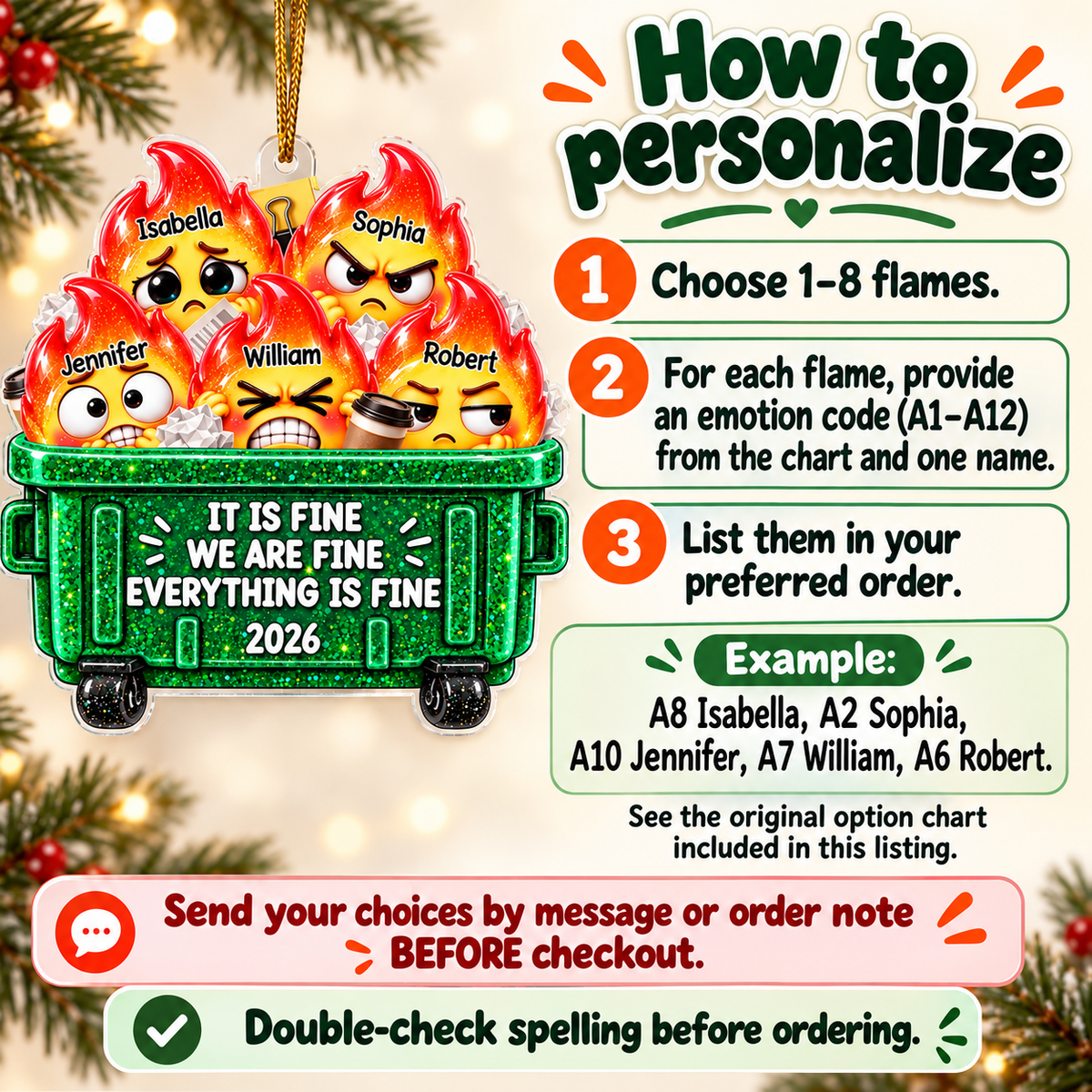 Personalized Dumpster Fire Family Ornament Custom Names Funny Christmas Gift - personalization guide