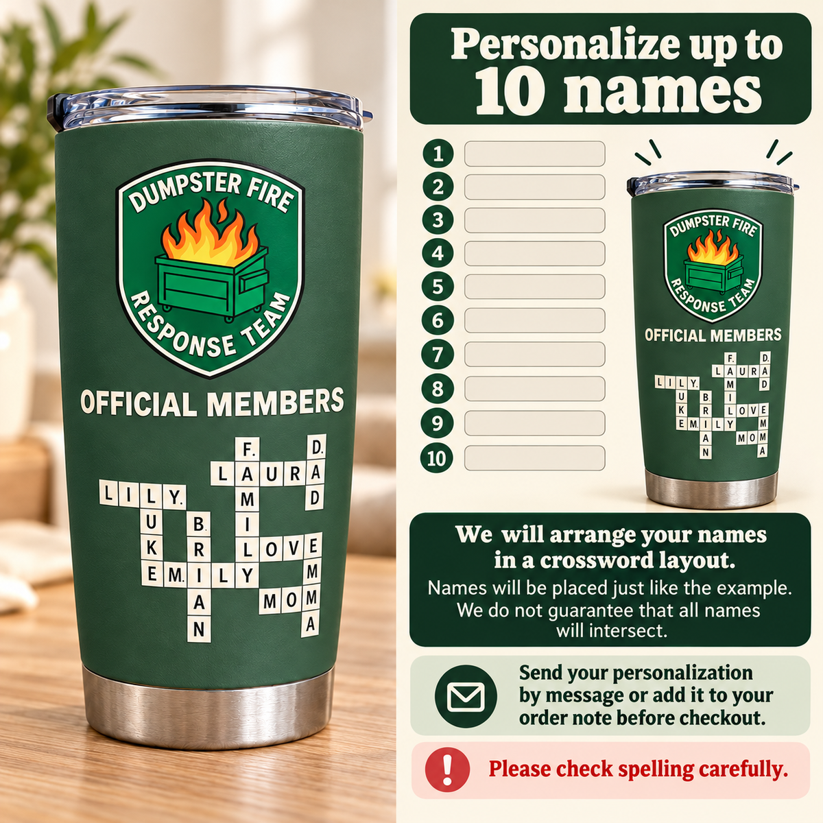 Personalized Dumpster Fire Response Team Tumbler Family Crossword Gift - personalization options and ordering guide