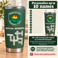 Personalized Dumpster Fire Response Team Tumbler Family Crossword Gift - personalization options and ordering guide
