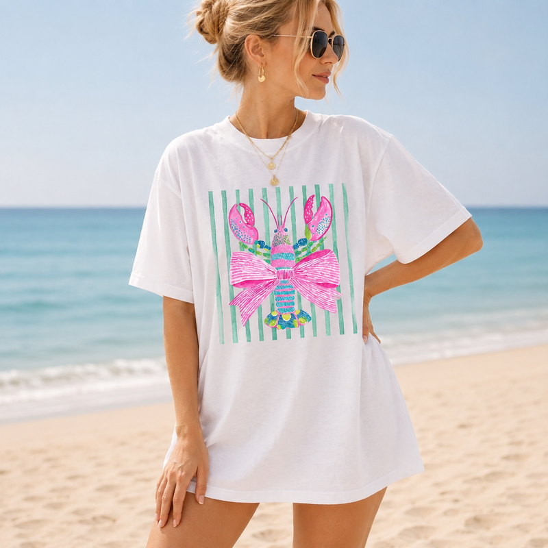 Preppy Bow Lobster T-Shirt Coastal Coquette Summer Vacation Oversized Graphic Tee Pink Green Watercolor Cabana Stripes Grandmillennial Beach Vacay Outfit Lake Fishing Short Sleeve Coastal Grandma Shirt