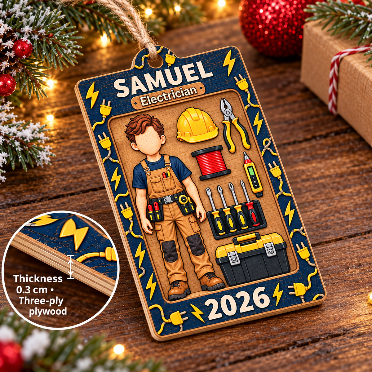 Personalized Electrician Wood Ornament Custom Name Year Christmas Gift - size and material details