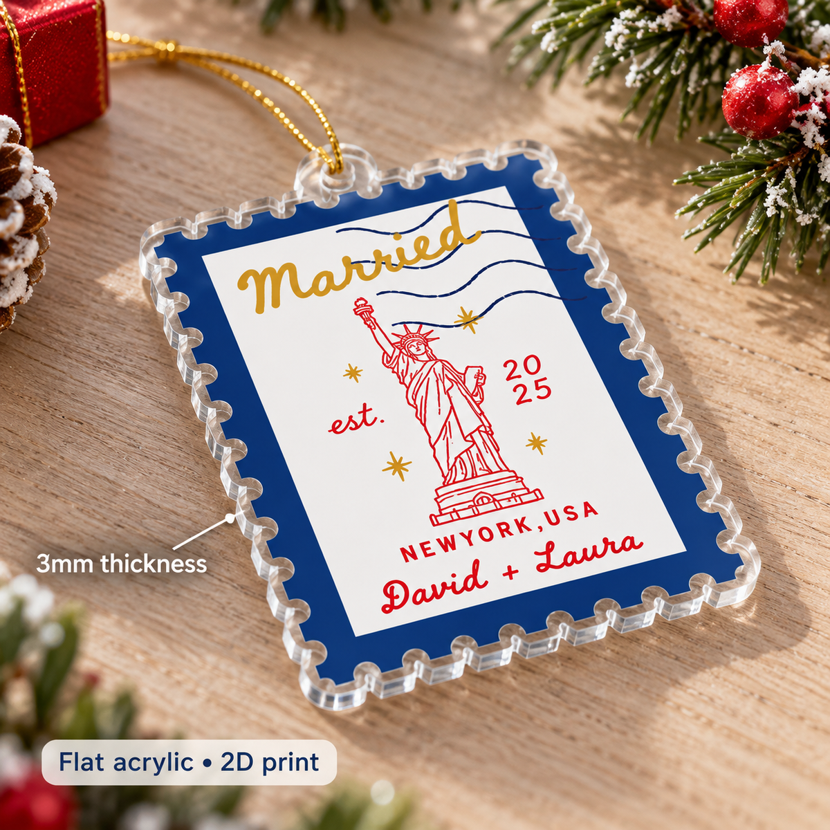 Single married travel acrylic ornament showing 3mm thickness on wood.