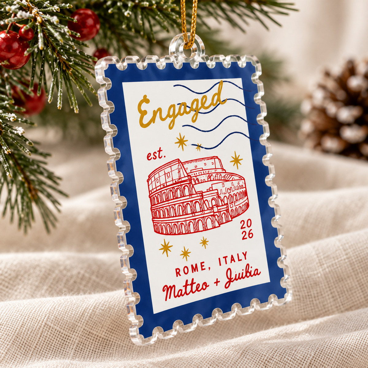 Engraved engagement acrylic postage stamp ornament with Rome landmark.