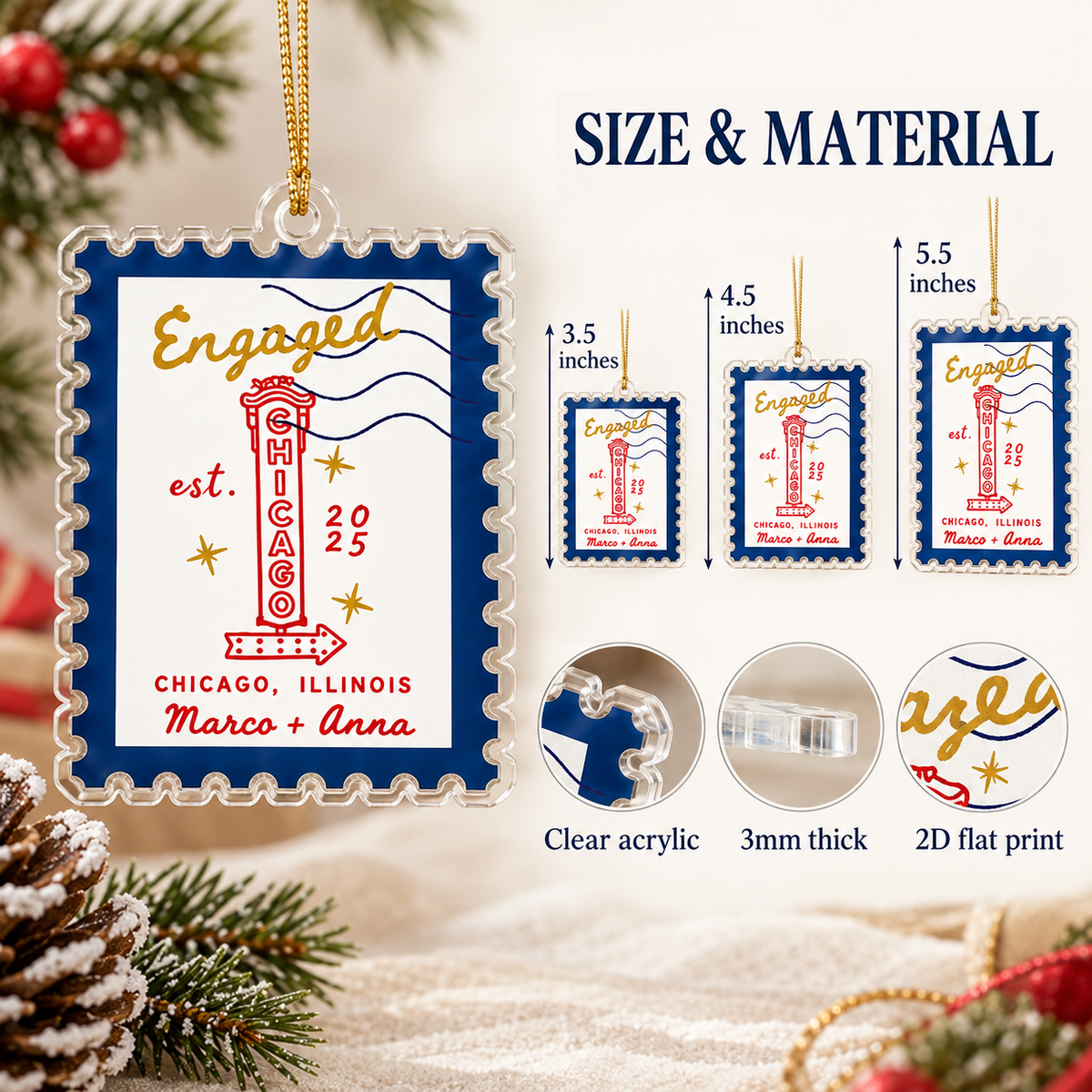 Graphic showing 3.5, 4.5, and 5.5 inch ornament sizes and 3mm thickness.