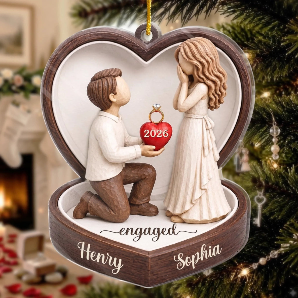 Engaged Ornament 3D Proposal Couple Personalized Engagement Announcement Christmas Keepsake Gift on a hanger, ready to ship from Austin, Texas