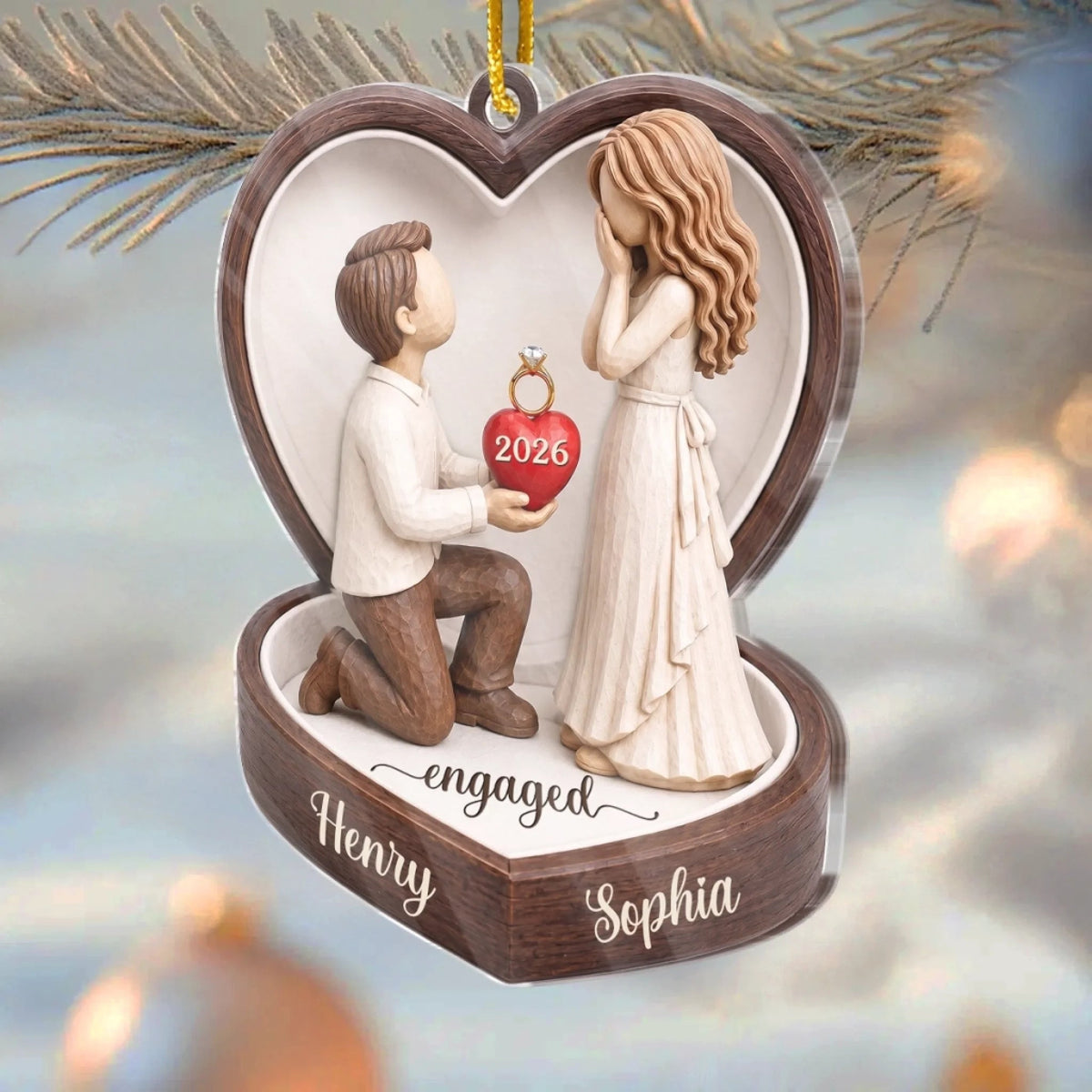Customer in Austin, Texas wearing Engaged Ornament 3D Proposal Couple Personalized Engagement Announcement Christmas Keepsake Gift