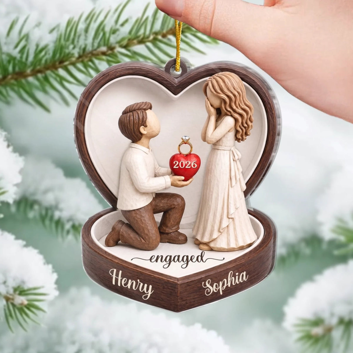 Close-up of Engaged Ornament 3D Proposal Couple Personalized Engagement Announcement Christmas Keepsake Gift for streetwear fans in Austin, Texas