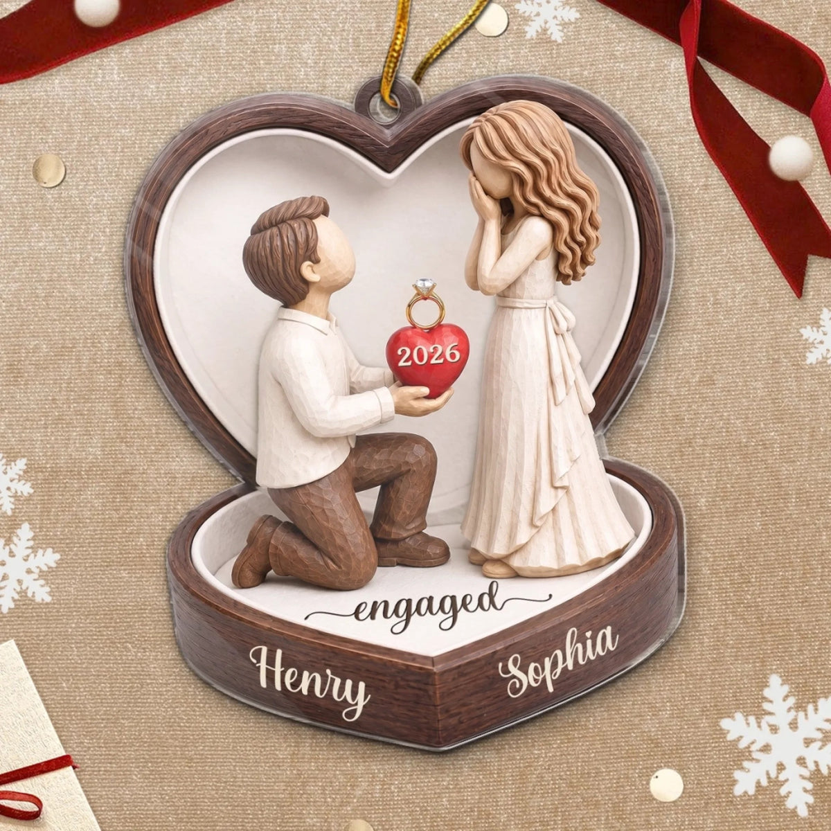 Engaged Ornament 3D Proposal Couple Personalized Engagement Announcement Christmas Keepsake Gift available at our Austin, Texas warehouse
