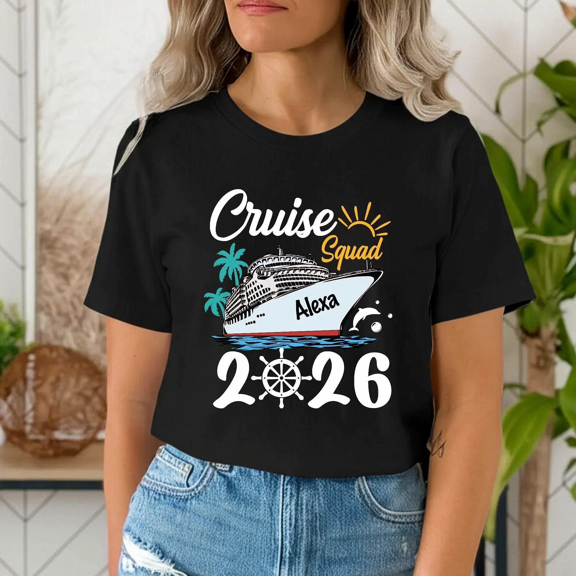 Bojjico Custom Cruise Squad 2026 Family Matching T-Shirts Vacation Group Cotton Tees Tropical Nautical Aesthetic Red Pink Navy White Personalized Holiday Apparel Ship Wheel Ocean Getaway Souvenir Shirts For Men Women Kids