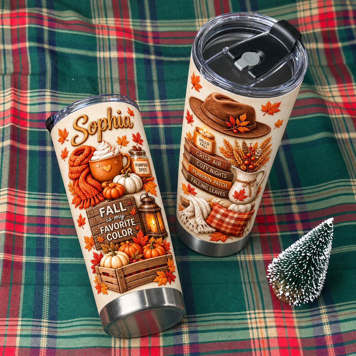 Hello fall tumbler with custom name and insulated stainless steel body displayed on a green plaid blanket.