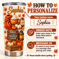 Graphic showing how to personalize the hello fall tumbler with custom name, order notes, and messages.
