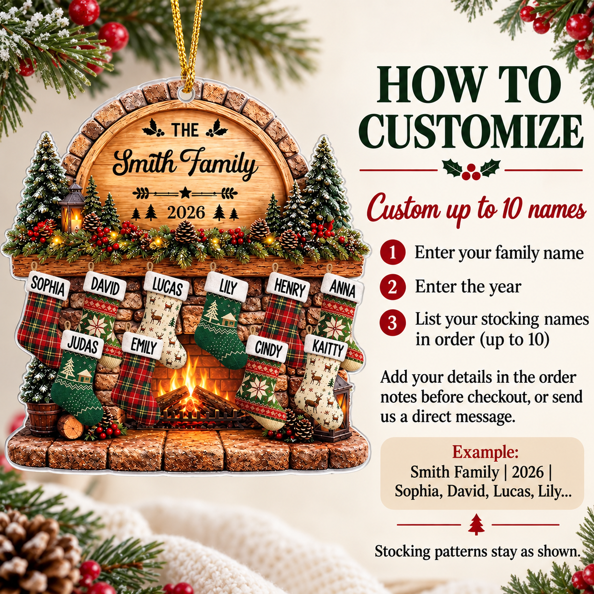 Family Fireplace Stocking Ornament - product detail 3