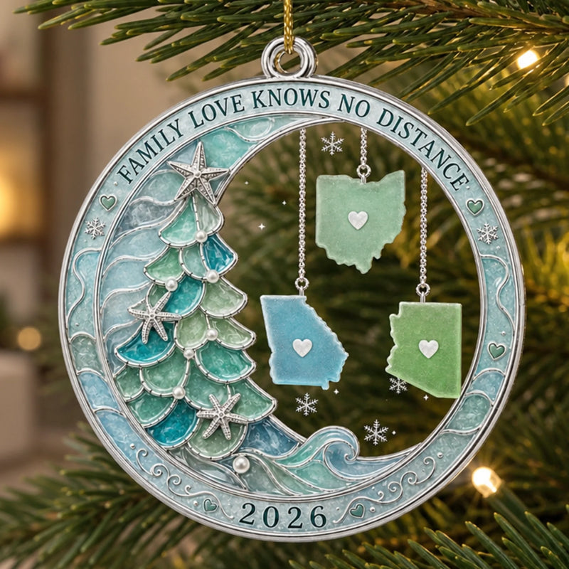 Family Love Knows No Distance 2026 Ornament, Personalized State Map Christmas Gift for Long Distance on a hanger, ready to ship from Austin, Texas