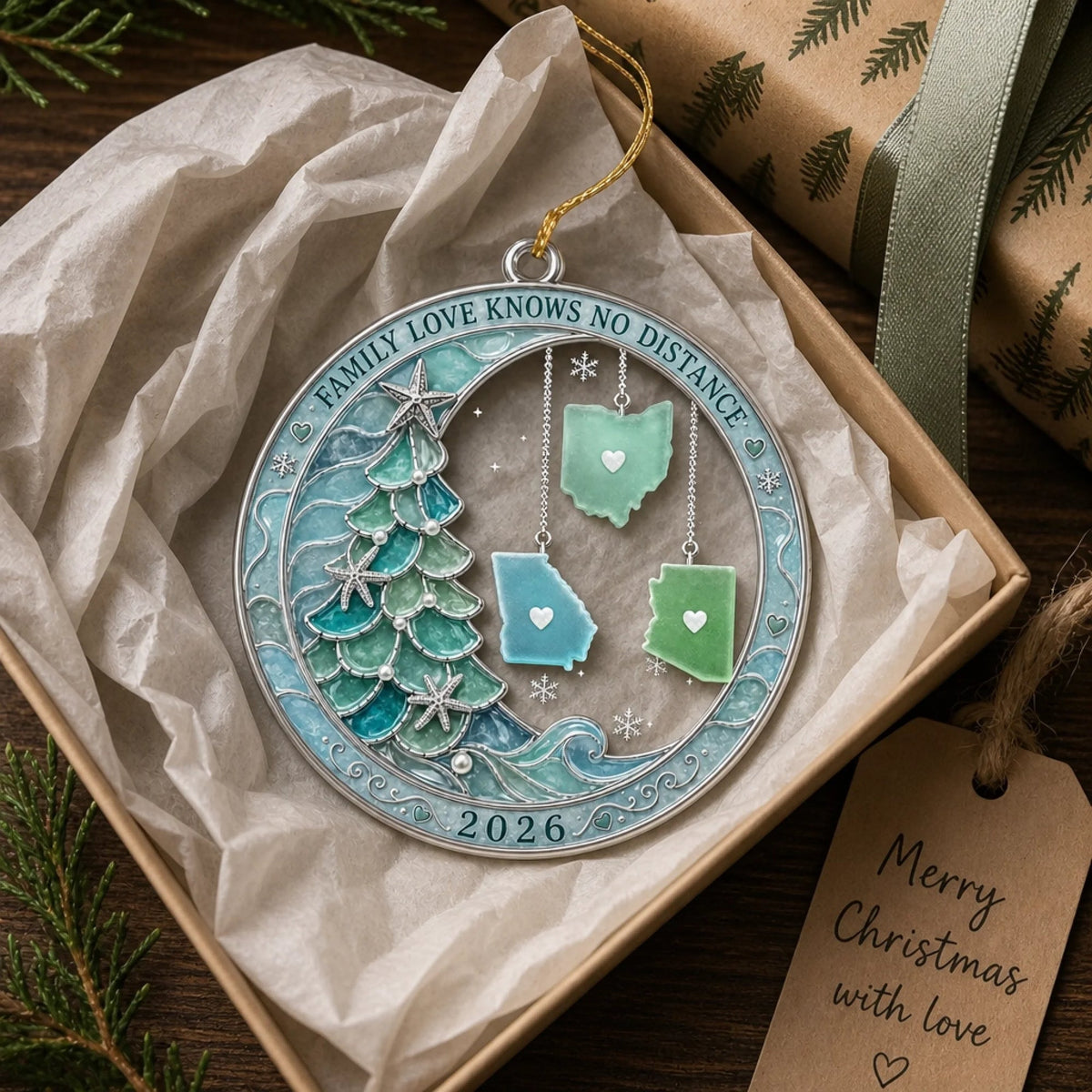 Customer in Austin, Texas wearing Family Love Knows No Distance 2026 Ornament, Personalized State Map Christmas Gift for Long Distance