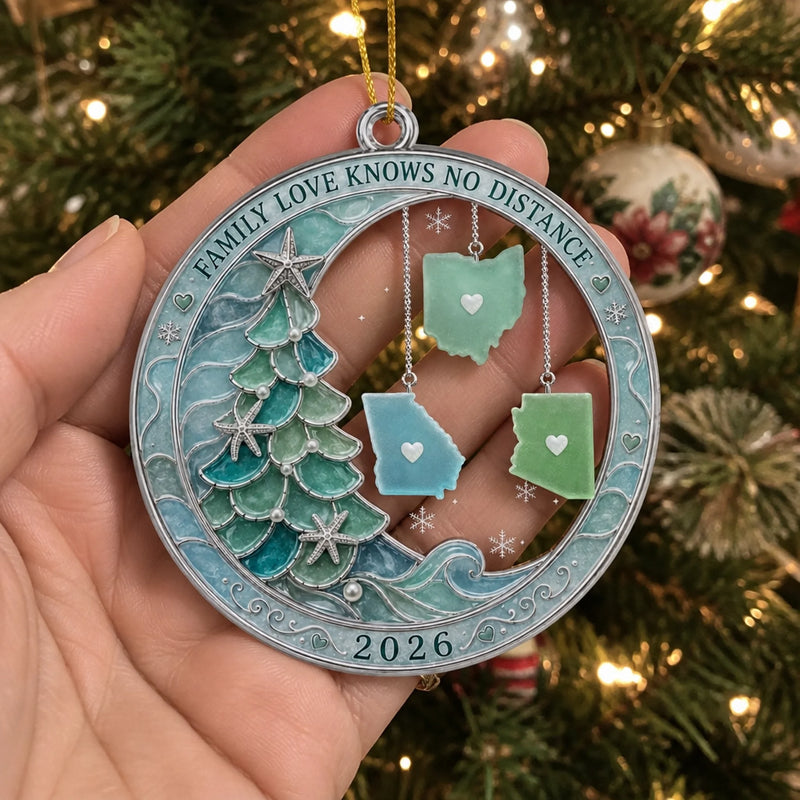 Close-up of Family Love Knows No Distance 2026 Ornament, Personalized State Map Christmas Gift for Long Distance for streetwear fans in Austin, Texas
