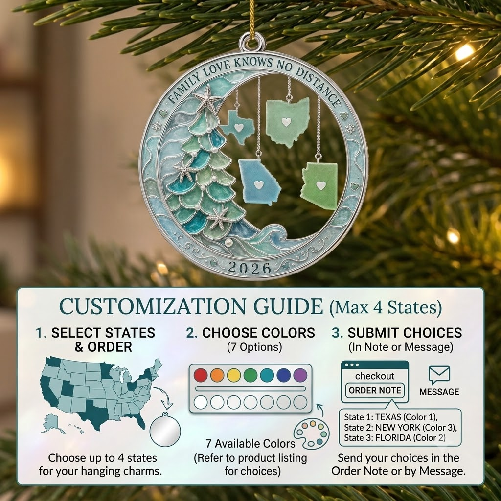 Customer in Austin, Texas wearing Family Love Knows No Distance 2026 Ornament, Personalized State Map Christmas Gift for Long Distance