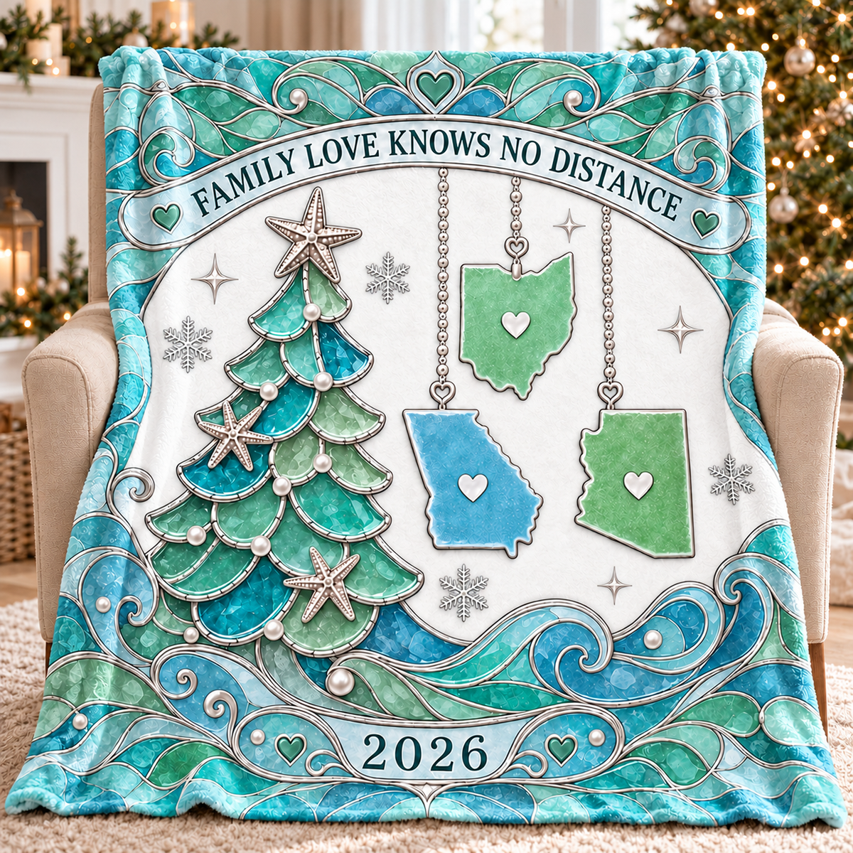 Personalized state blanket displayed across a cozy armchair in a warmly lit living room decorated for the holidays.