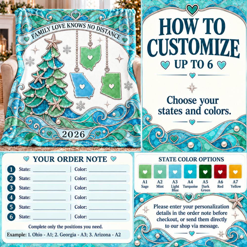 Instructional graphic detailing how to customize up to six states and choose from seven color options for the throw.