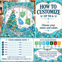 Instructional graphic detailing how to customize up to six states and choose from seven color options for the throw.