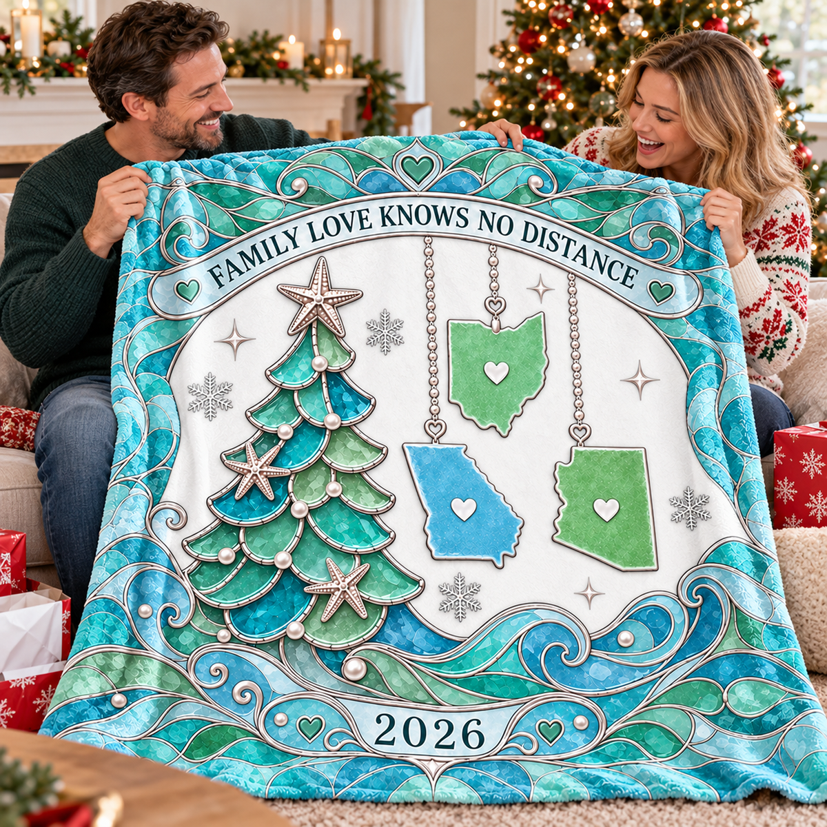 Smiling man and woman holding the Family Love Knows No Distance Blanket together in a festive holiday living room.