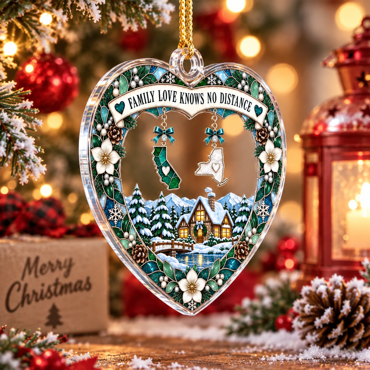 Personalized state map ornament hanging near a red lantern and glowing string lights on a wooden mantel.
