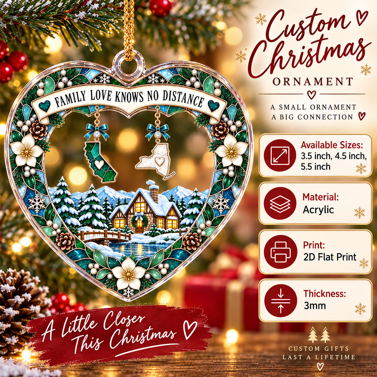 Infographic showing product specifications and sizes for the acrylic long distance family Christmas gift ornament.