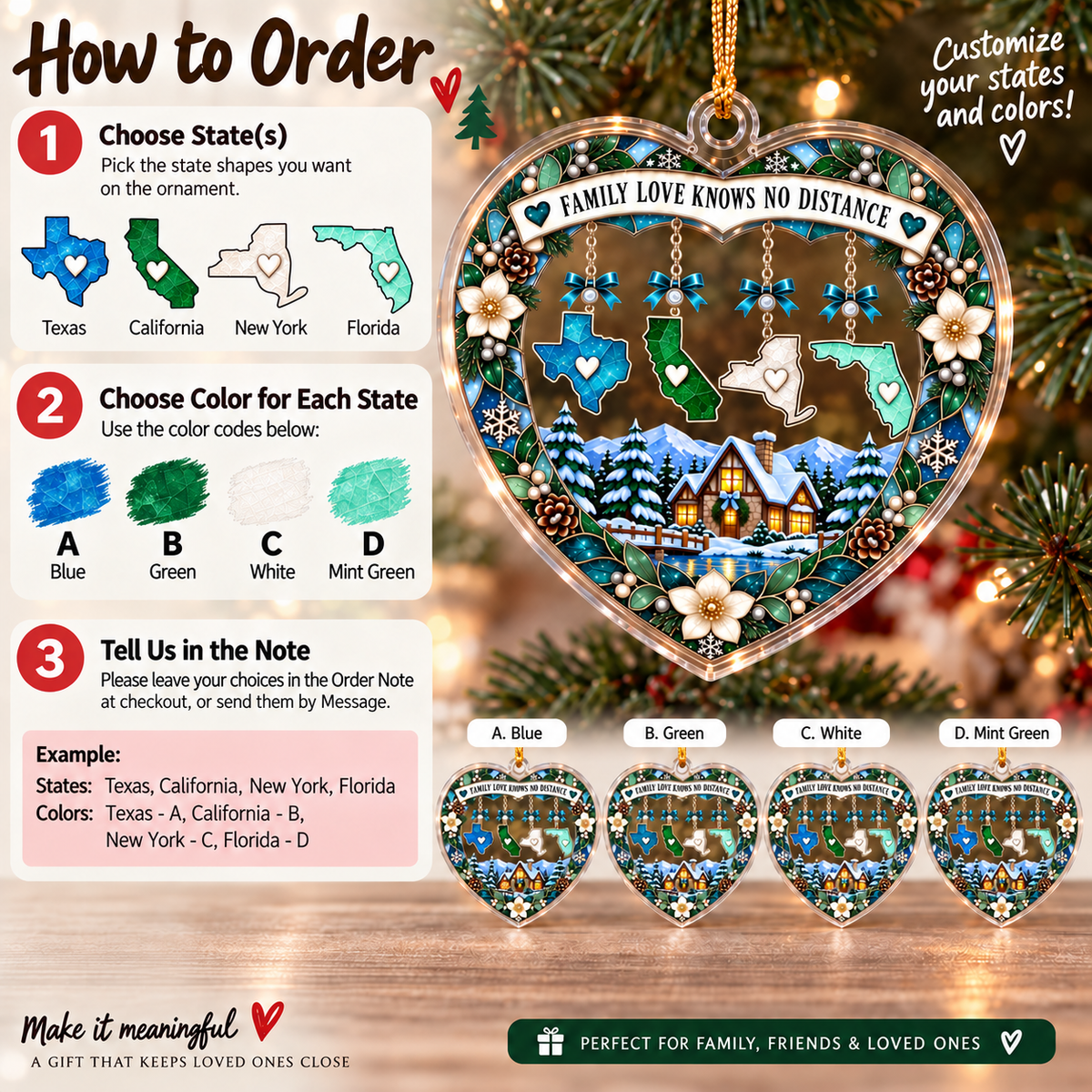 Instructional graphic displaying how to customize the ornament with different state shapes, colors, and notes.