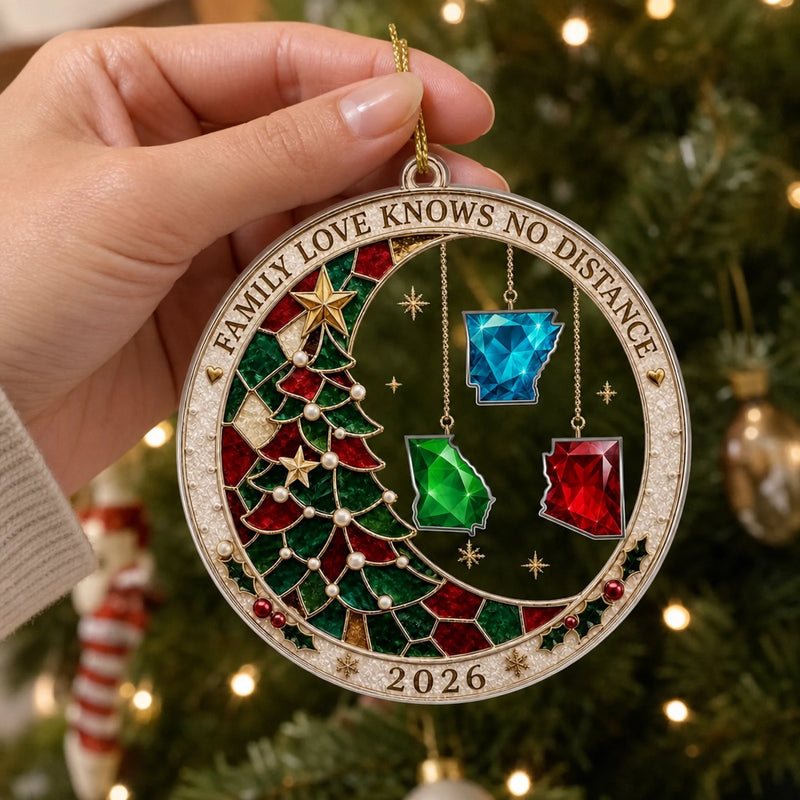 Family Love Knows No Distance Ornament, Personalized Custom State Christmas Keepsake Gift for Long D on a hanger, ready to ship from Austin, Texas