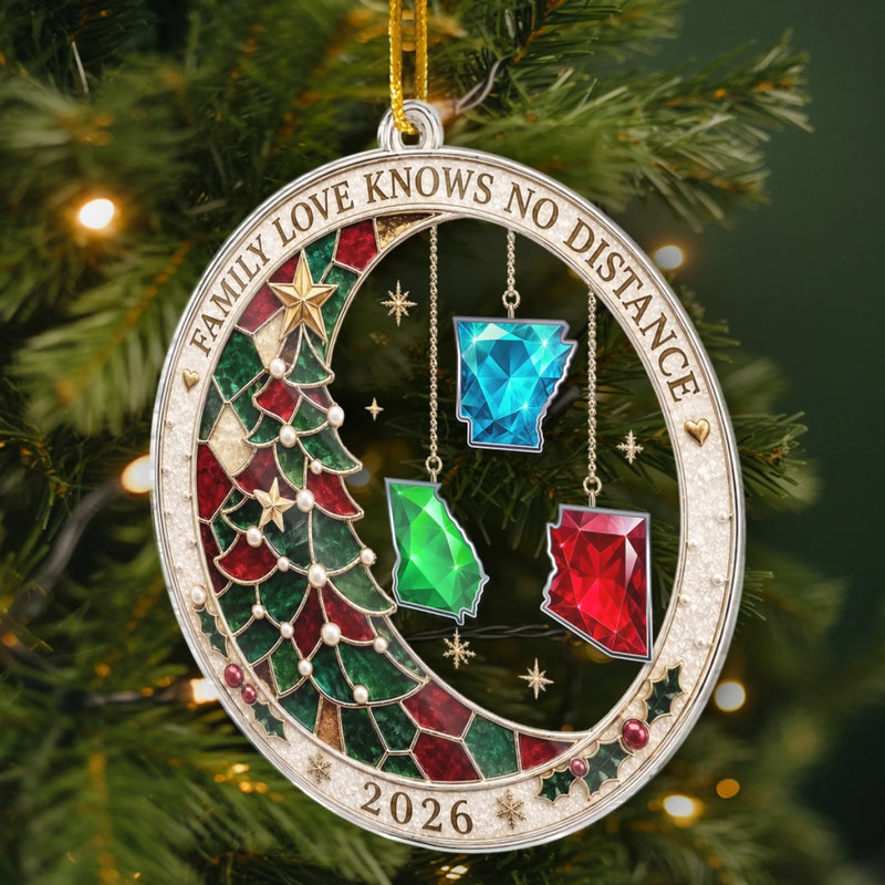 Customer in Austin, Texas wearing Family Love Knows No Distance Ornament, Personalized Custom State Christmas Keepsake Gift for Long D