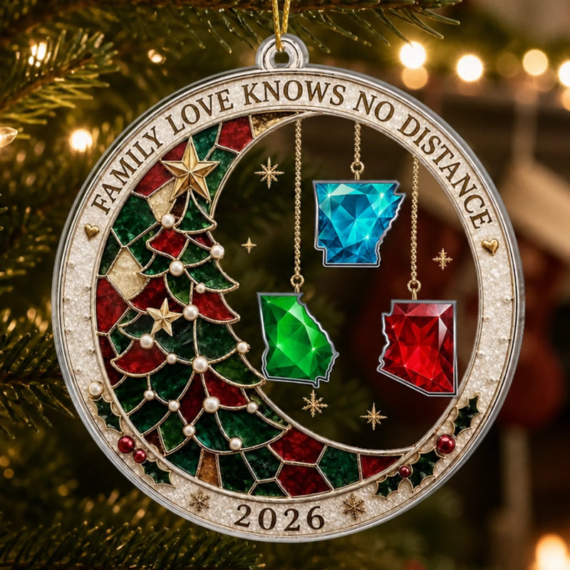 Family Love Knows No Distance Ornament, Personalized Custom State Christmas Keepsake Gift for Long D available at our Austin, Texas warehouse