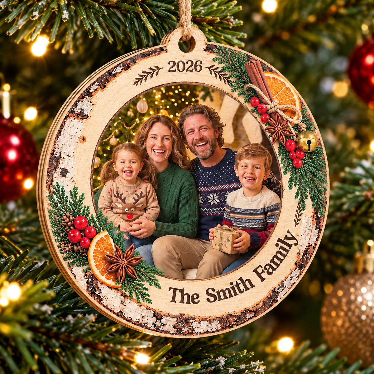 Personalized Family Photo Wooden Ornament Custom Family Name Year - main product view
