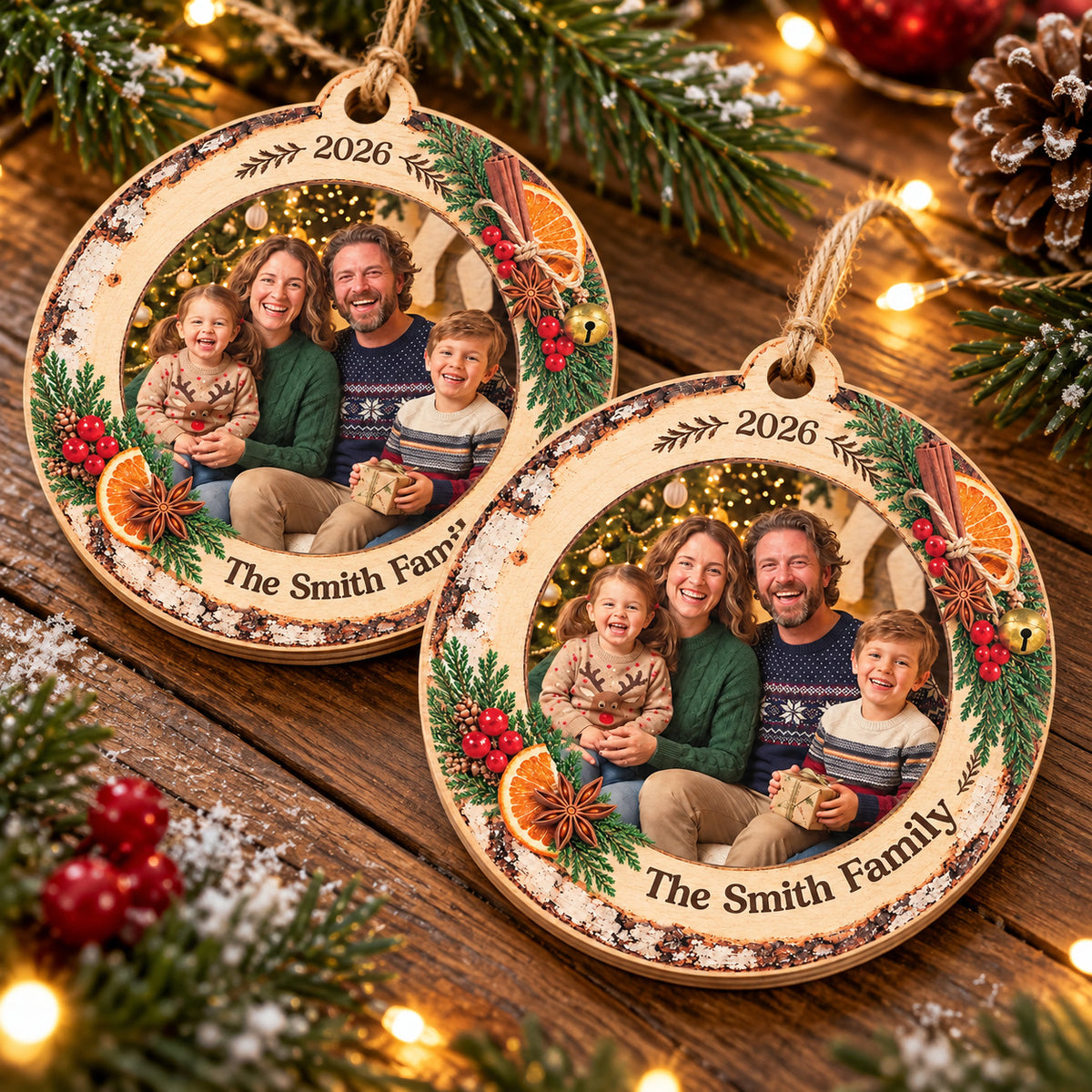 Personalized Family Photo Wooden Ornament Custom Family Name Year - product view 4