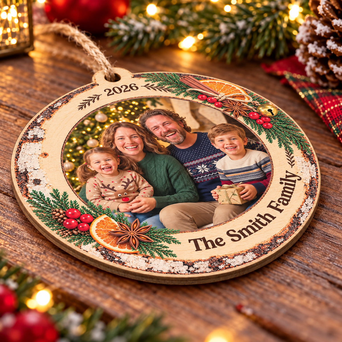 Personalized Family Photo Wooden Ornament Custom Family Name Year - product view 6