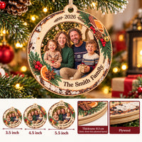 Personalized Family Photo Wooden Ornament Custom Family Name Year - size and material guide