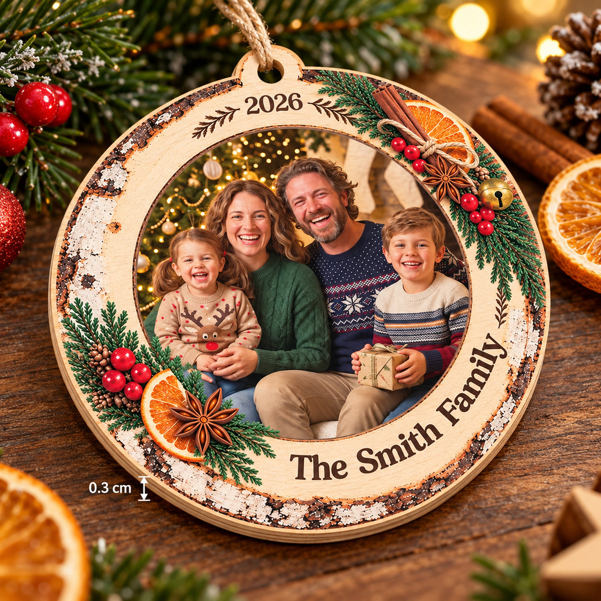 Personalized Family Photo Wooden Ornament Custom Family Name Year - material thickness detail