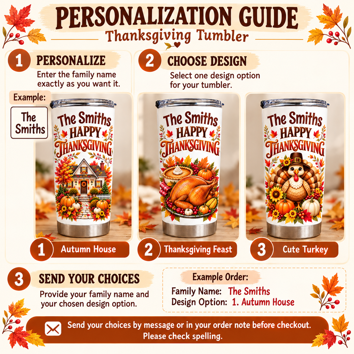 Personalized Family Thanksgiving Tumbler Custom Name Autumn Gift - personalization options and ordering guide