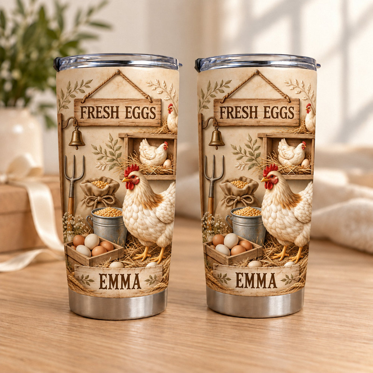 Two identical Farm Fresh Eggs tumblers with custom text standing side by side on a wooden surface with soft background light.