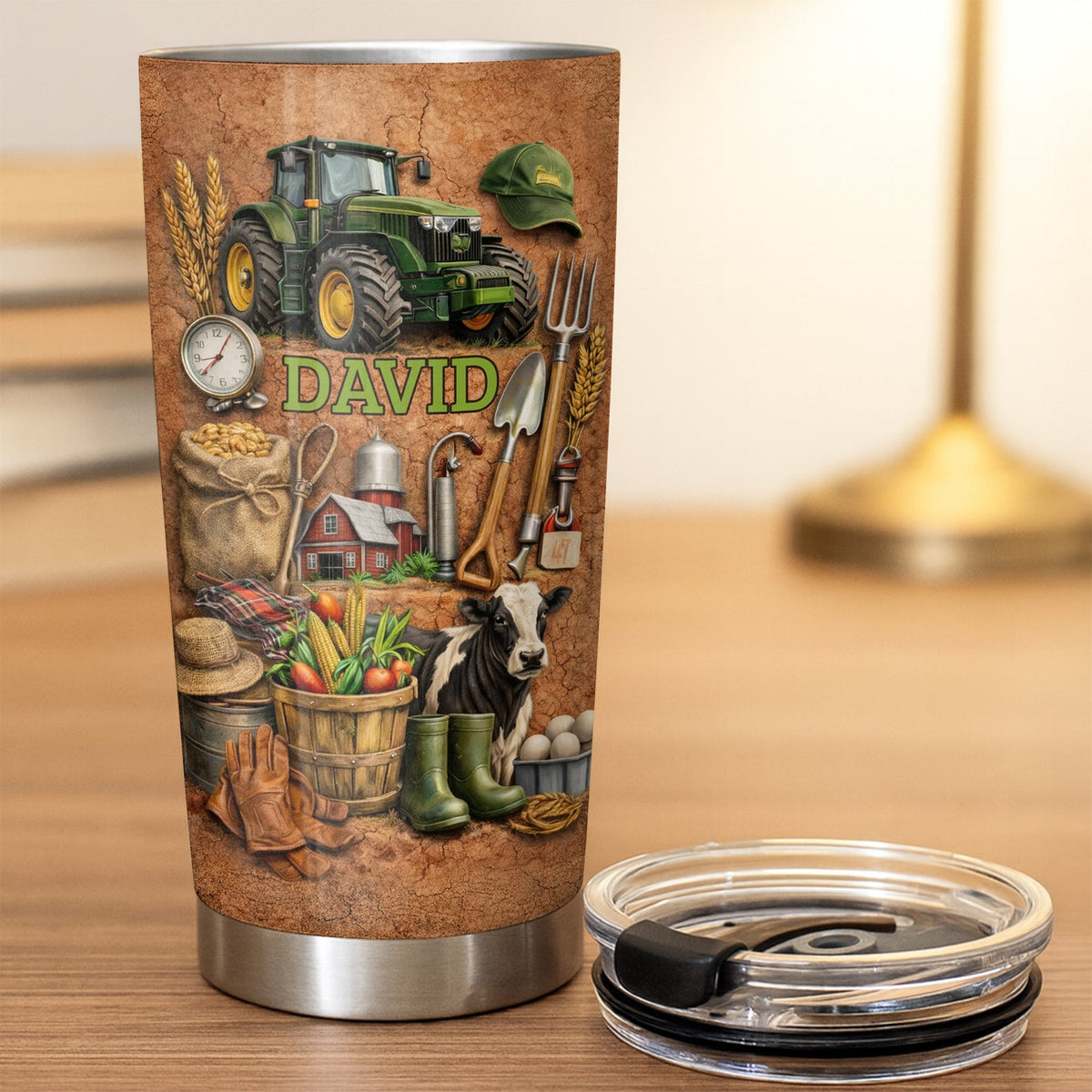 Farmhouse Tractor Tumbler, Personalized Custom Name Stainless Steel Insulated Cup, Farm Life Gift fo on a hanger, ready to ship from Austin, Texas